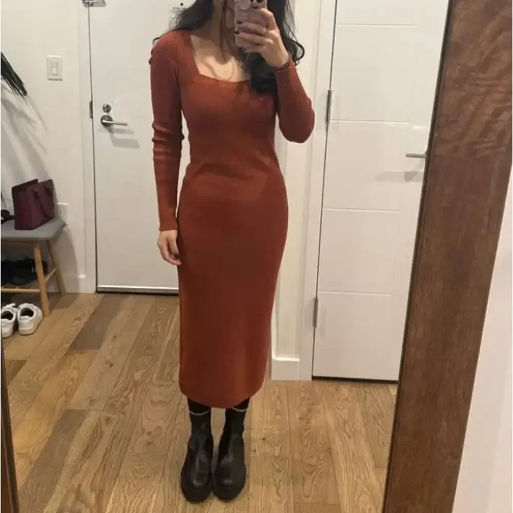 Toccin Rust Brown Midi Ribbed Knit Dress SMALL Career Bodycon Work Designer $325 - Picture 8 of 14